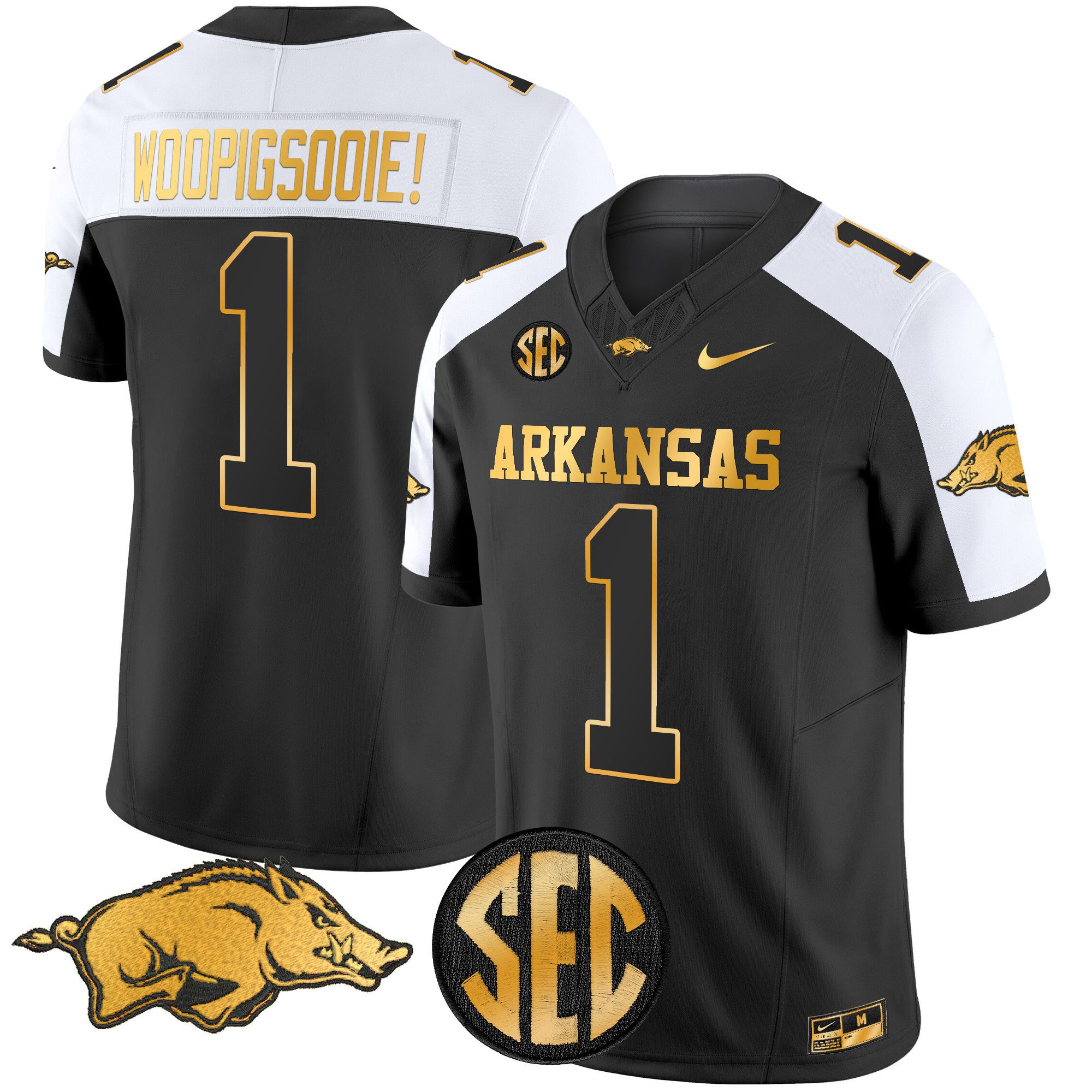 Men Arkansas Razorbacks #1 Woopigsooie Black Nike 2024 Gold Vapor Limited NCAA Jersey